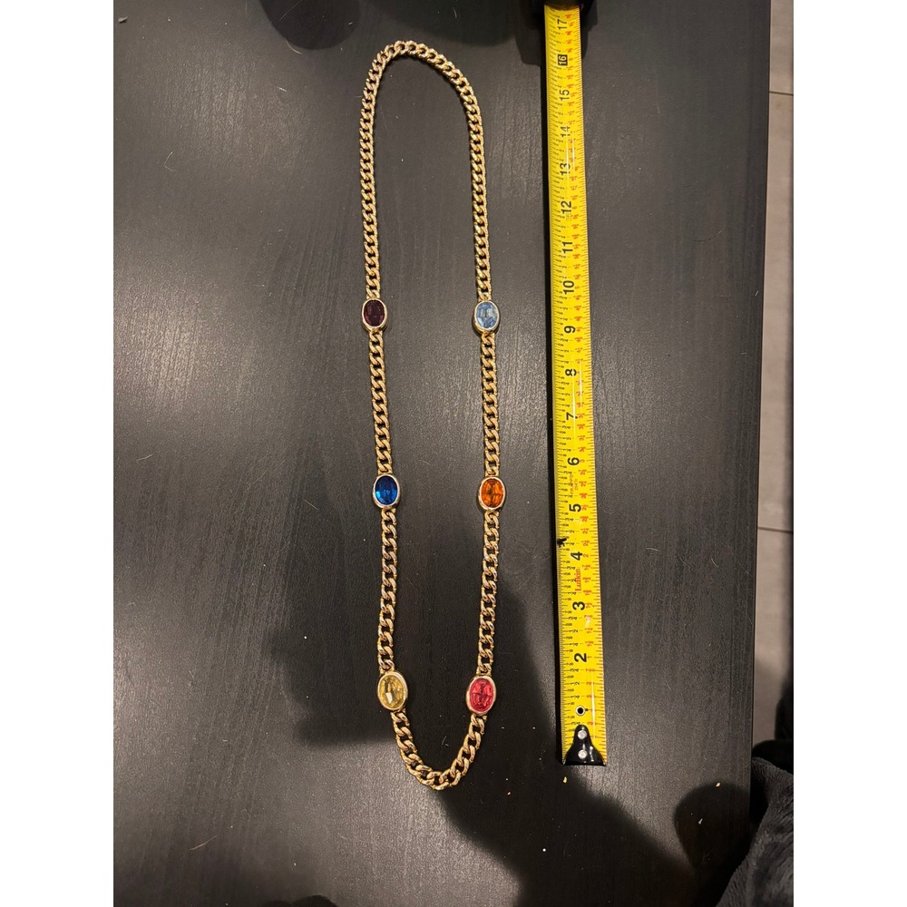 Vintage Gold Tone Multi Color Stone Curb Chain Long Statement Necklace 32 Inch